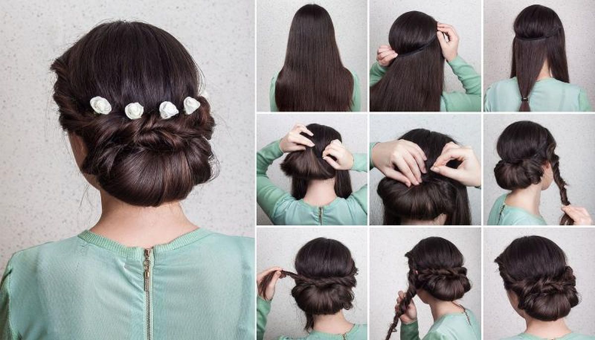 Peinado de moño bajo con horquillas florales