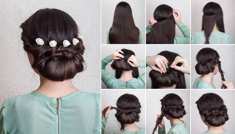 Peinado de moño bajo con horquillas florales