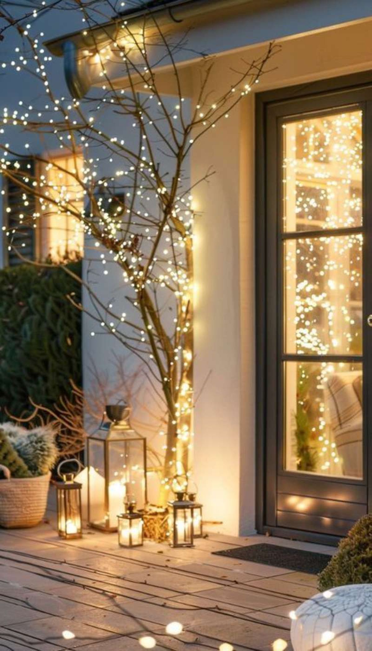 Exterior de casa en Navidad decorado con un farolillo.