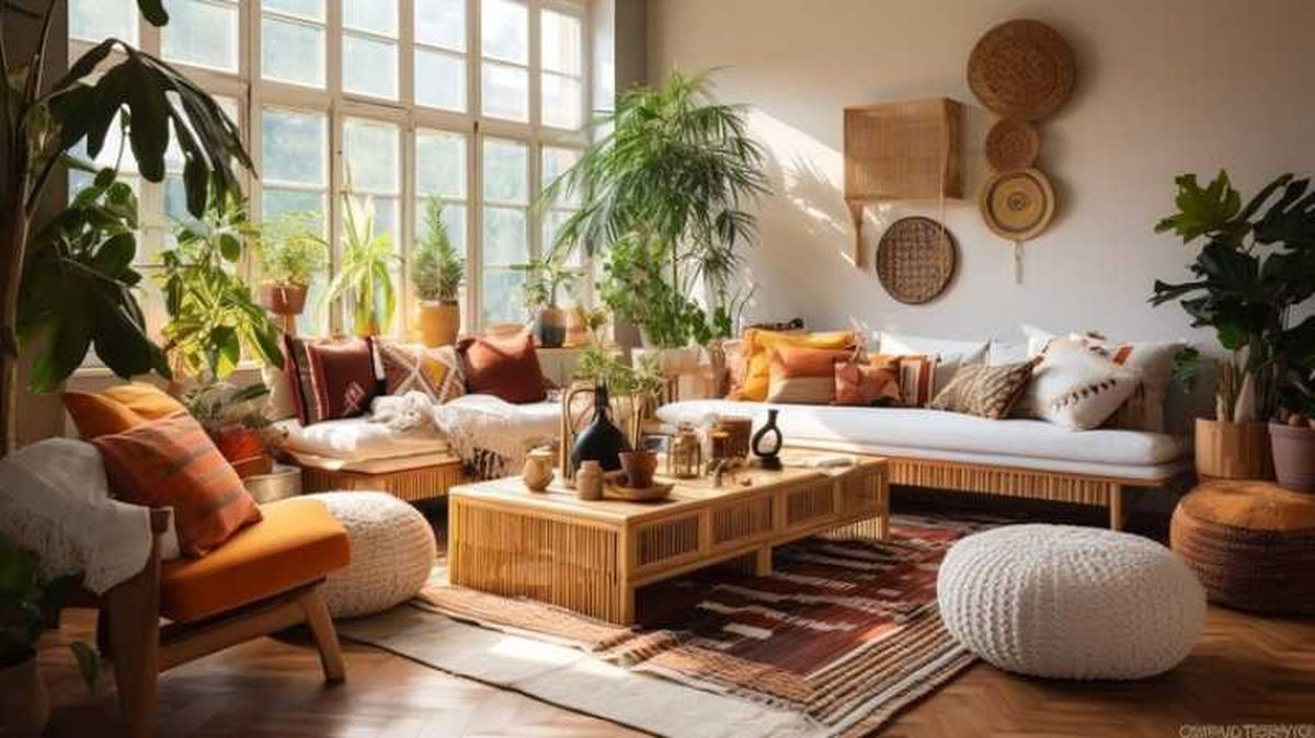 Salón decorado con fibras naturales.