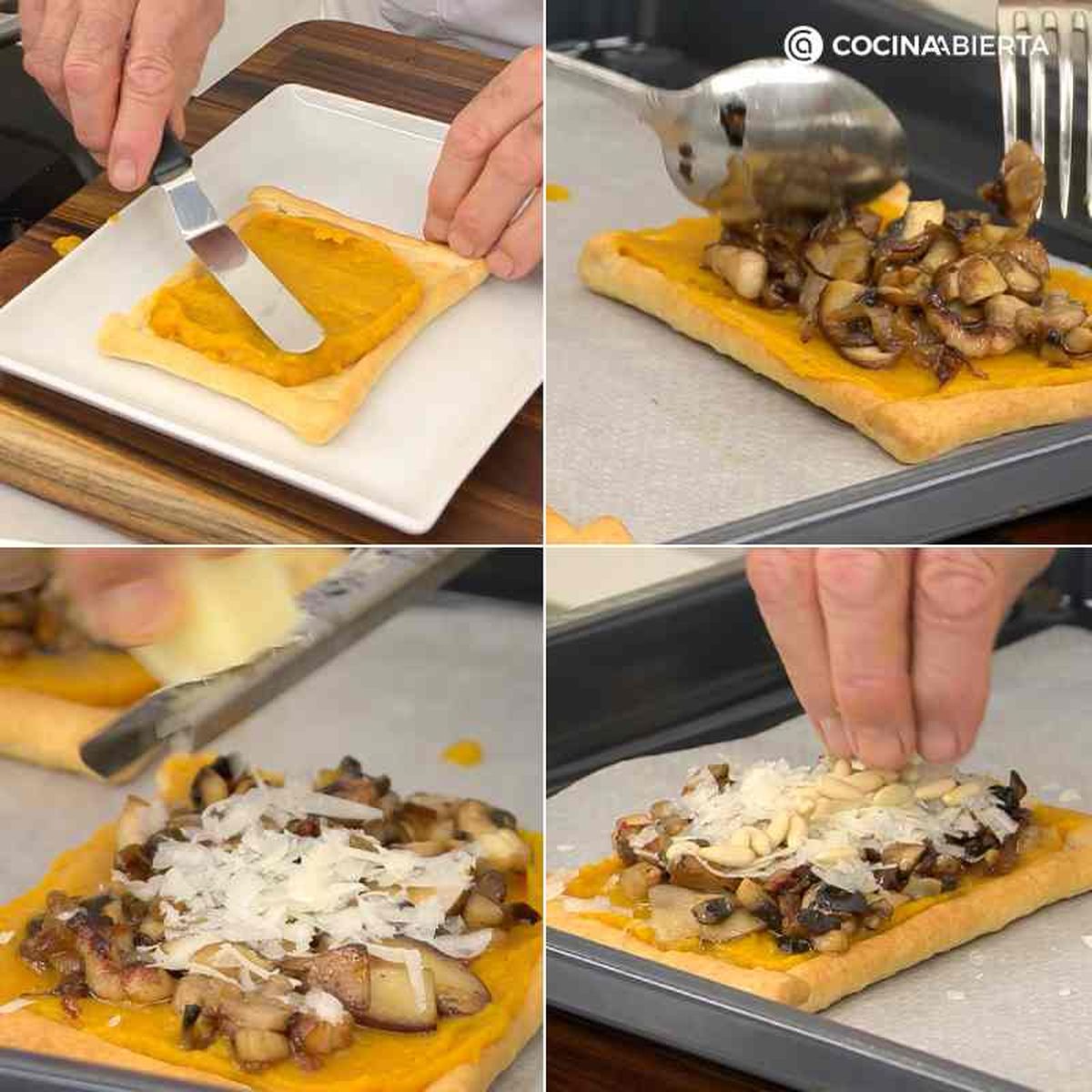 Pasos para preparar el hojaldre de calabaza con setas, panceta y queso