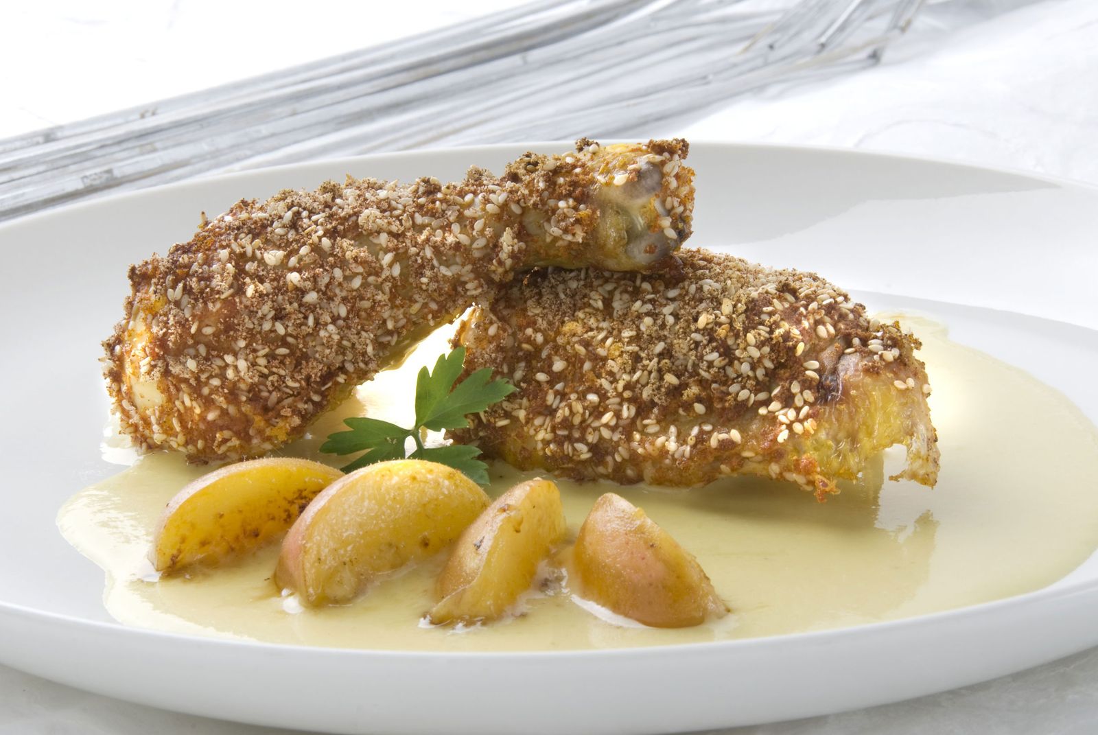 Muslos crujientes con crema de albaricoque