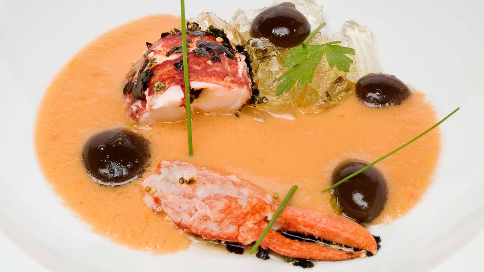 0239 0317 GAZPACHO DE BOGAVANTE Y ACEITUNAS NEGRAS LIQUIDAS CON  GELATINAS DE VINO FINO 2 xl