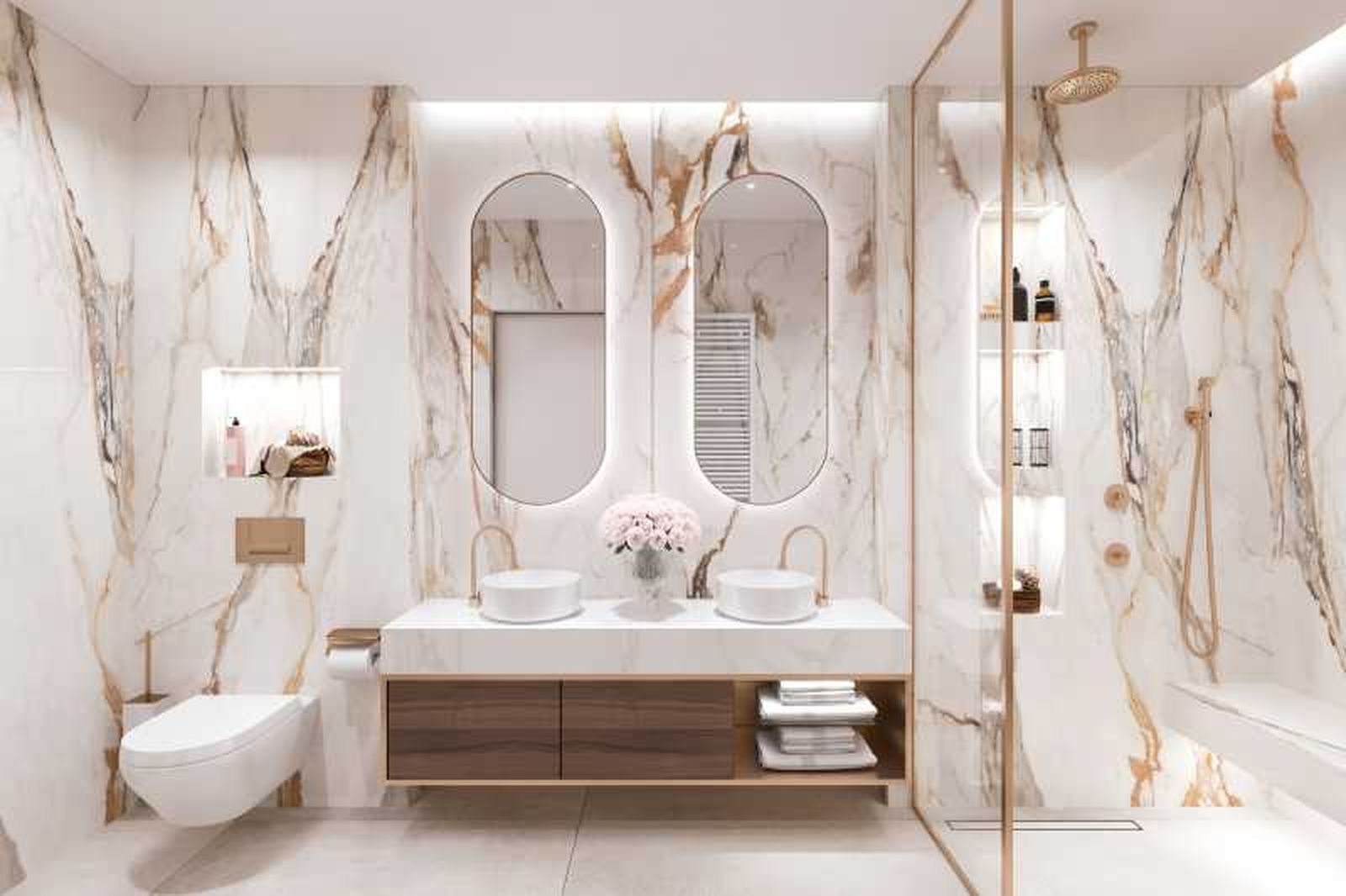 Baño con complementos decorativos de lujo.