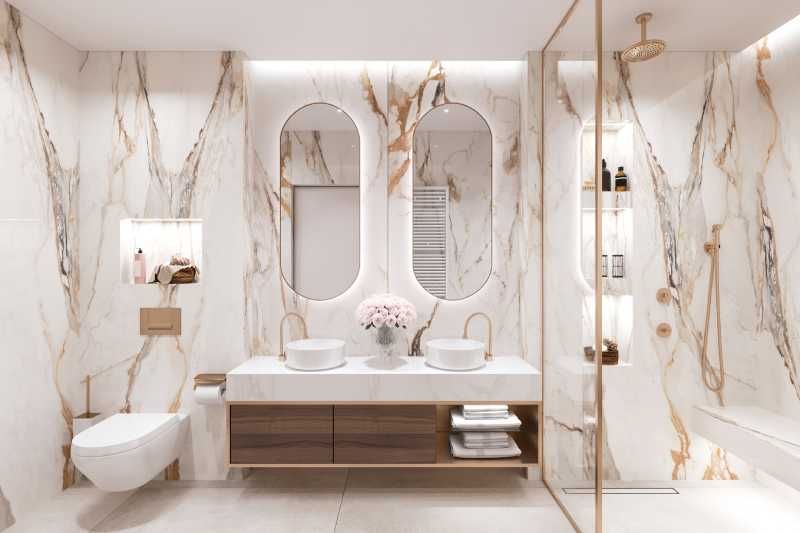 Baño con complementos decorativos de lujo.