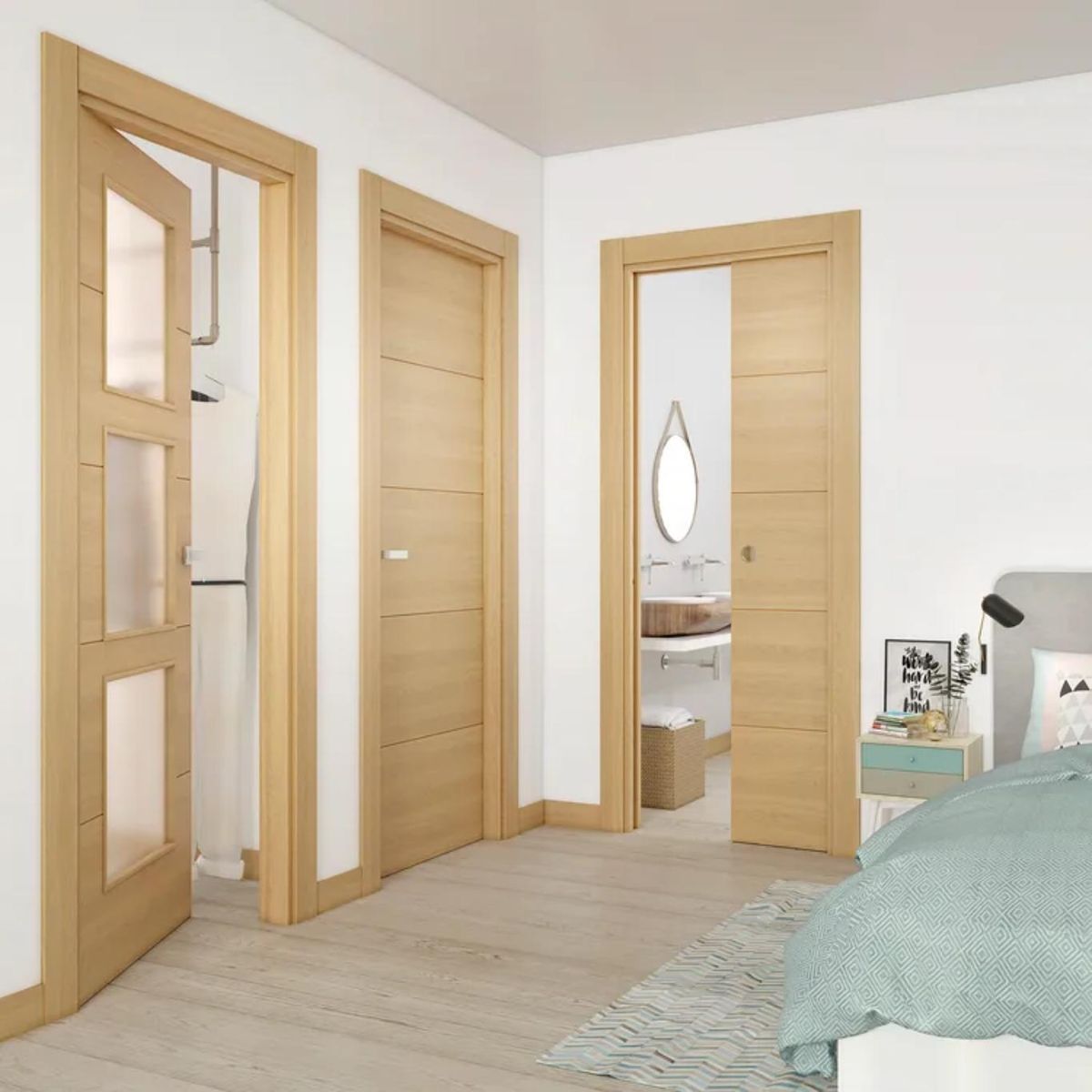 Dormitorio con puertas interiores en roble miel Berna.