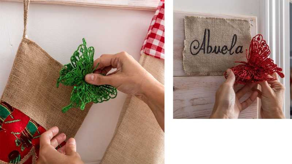 Adornar botas de Navidad con mariposas de brillantina.