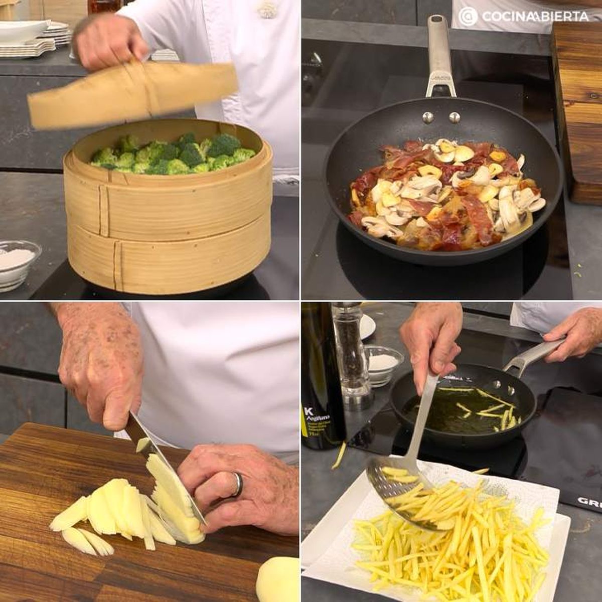 Cómo hacer brócoli al vapor con champiñones y patatas paja o cerillas paso a paso