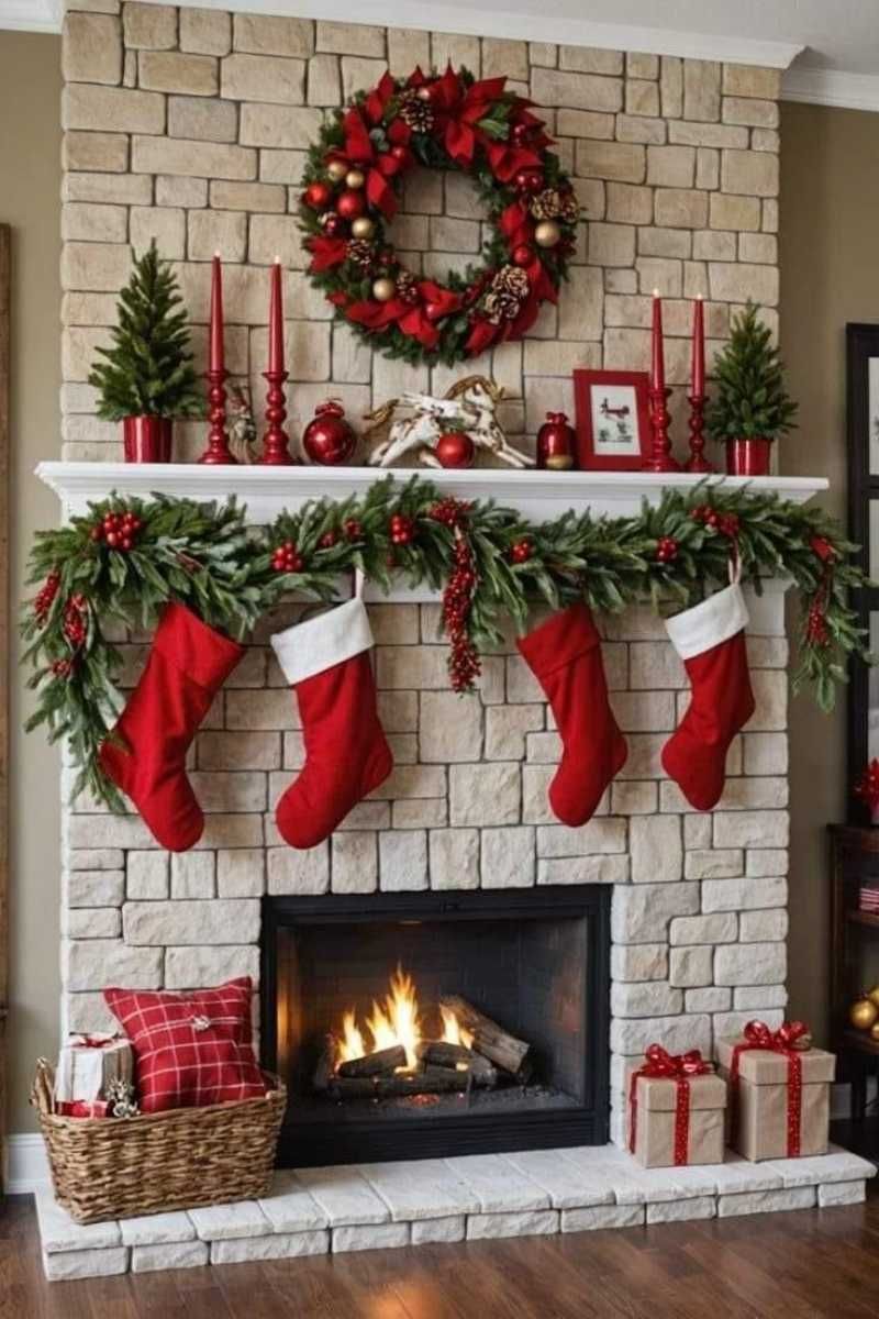 Salón con chimenea con decoración de Navidad.