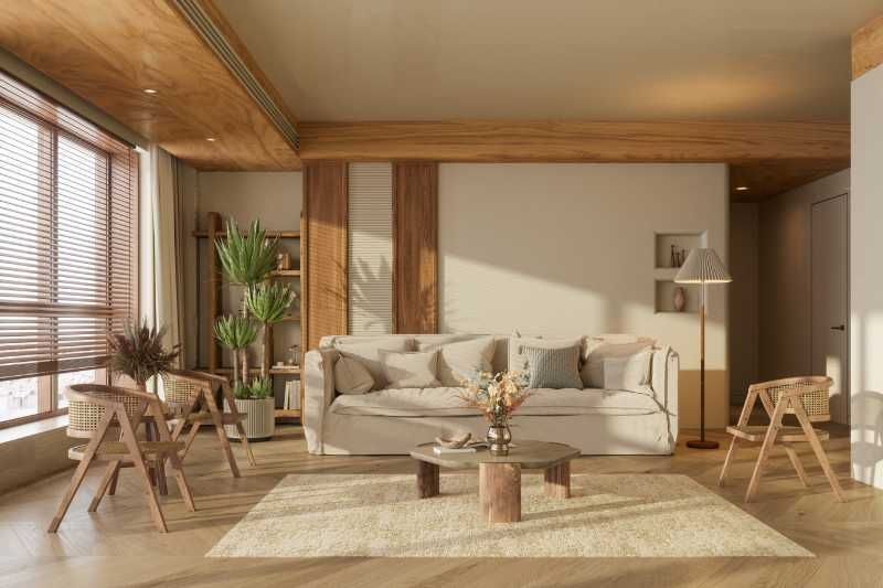 Salón relajante decorado según la filosofía wabi-sabi.