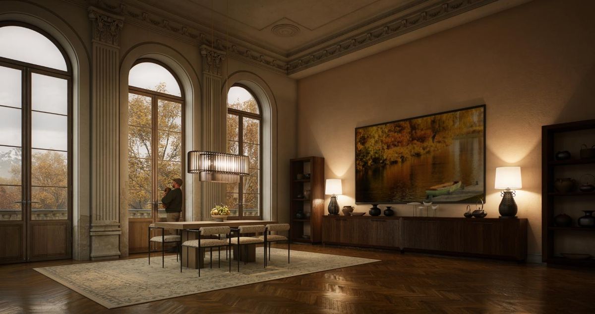 Salón elegante con lámpara de sobremesa.