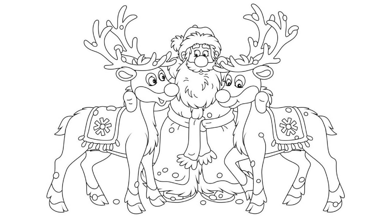 Dibujo de Papá Noel con renos para colorear.