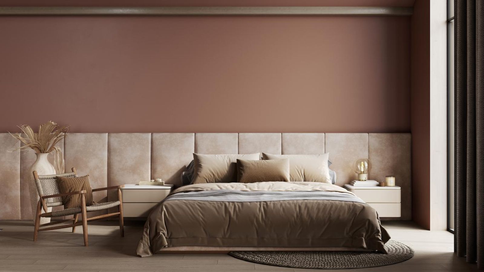 Dormitorio elegante decorado en mocha mousse.