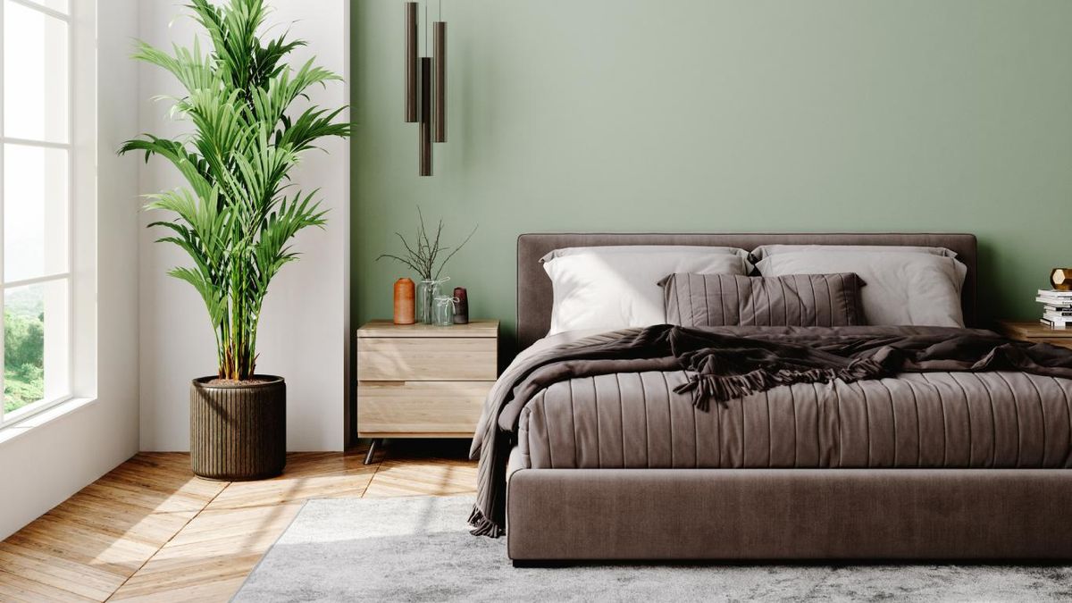 Dormitorio elegante en marrón y verde oliva.