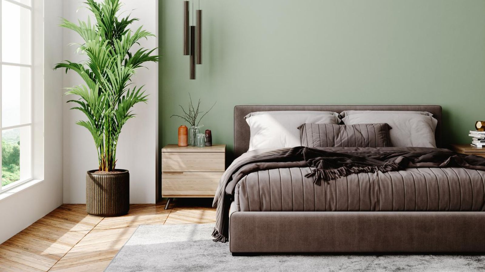 Dormitorio elegante en marrón y verde oliva.