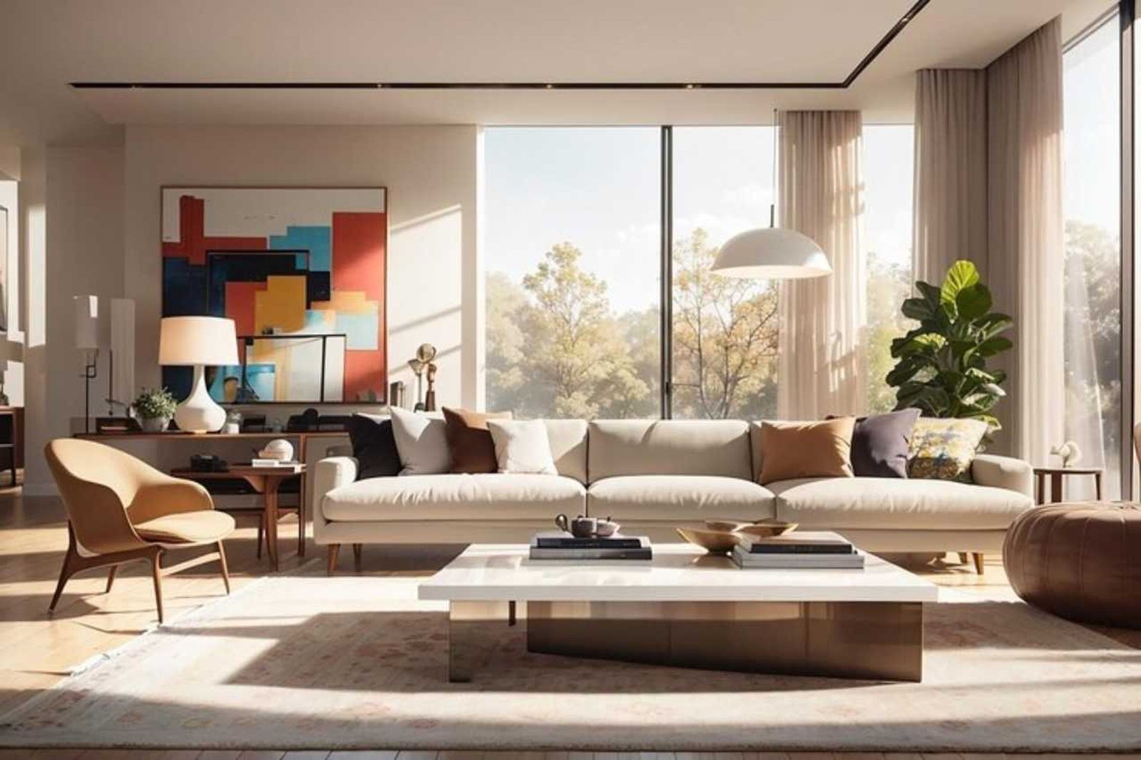 Salón moderno y elegante con sofá beige y cuadro abstracto.