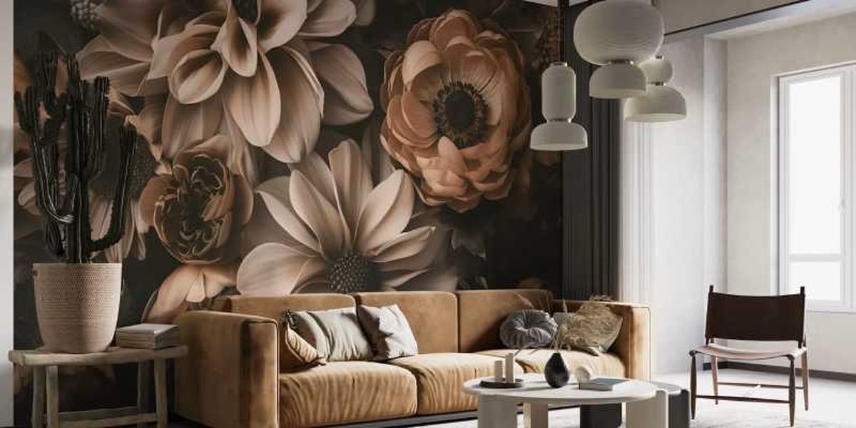 Salón con mural de flores decorado en Mocha Mousse.