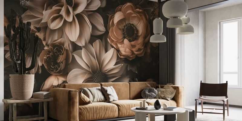 Salón con mural de flores decorado en Mocha Mousse.