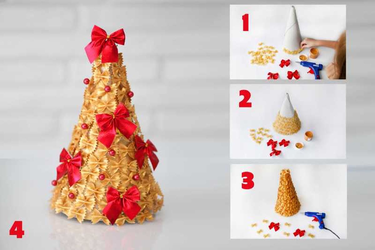 Infografía de cómo hacer un árbol de Navidad de macarrones paso a paso.