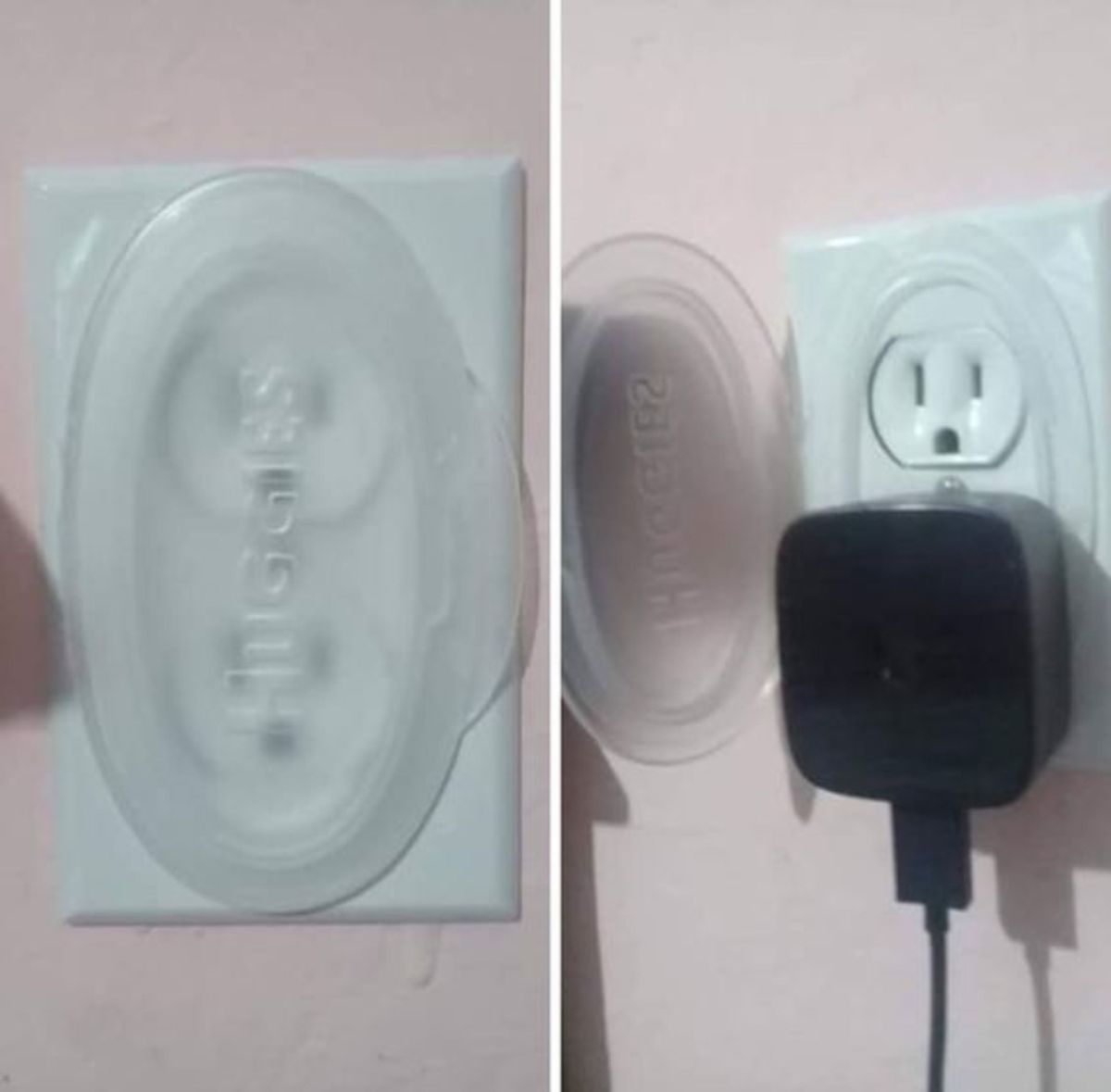 Protector de enchufes hecho con la tapa de las toallitas húmedas.