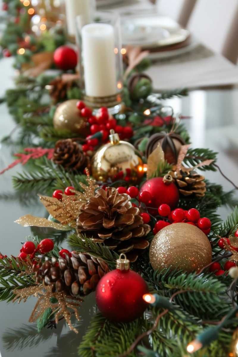 Centro de mesa de Navidad de estilo natural con detalles blancos, rojos y dorado.