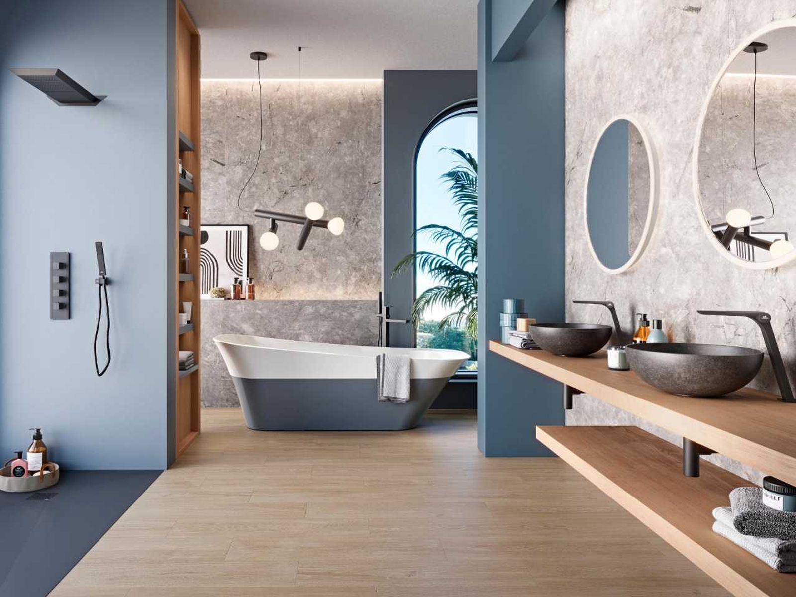 Baño decorado en azul y madera.