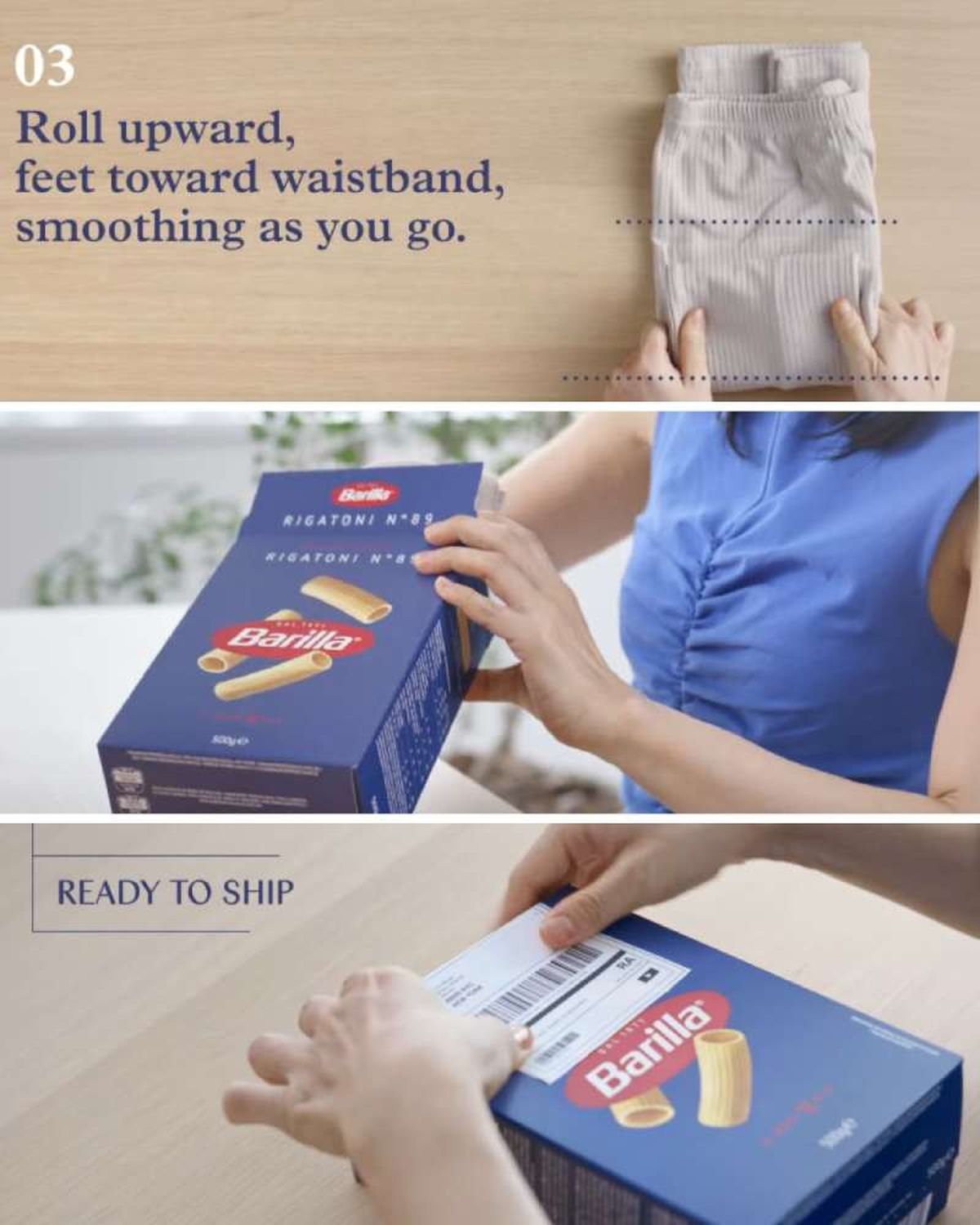 Marie Kondo reutilizando una caja de pasta como embalaje