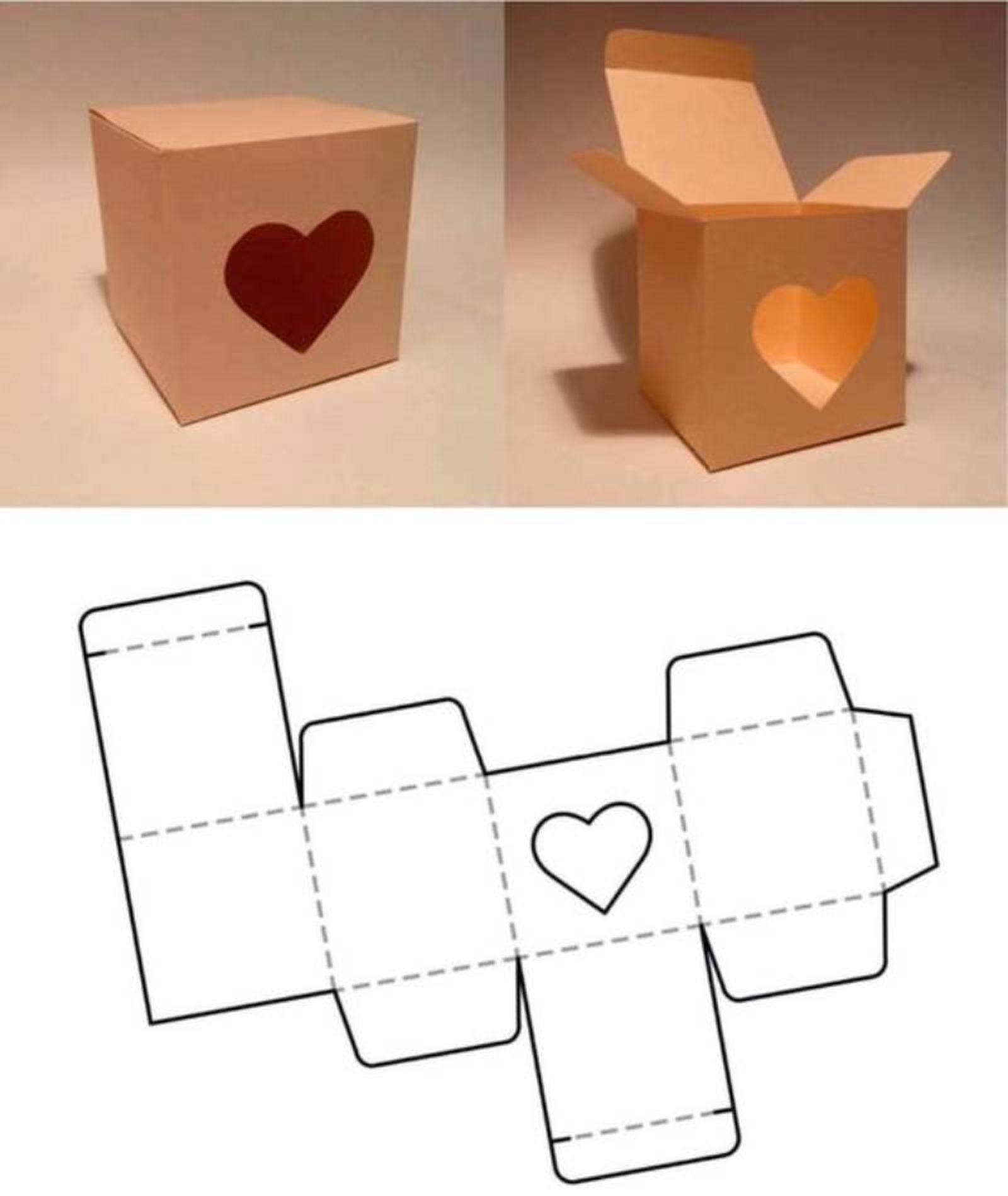 Cajita de cartulina con corazón y plantilla.