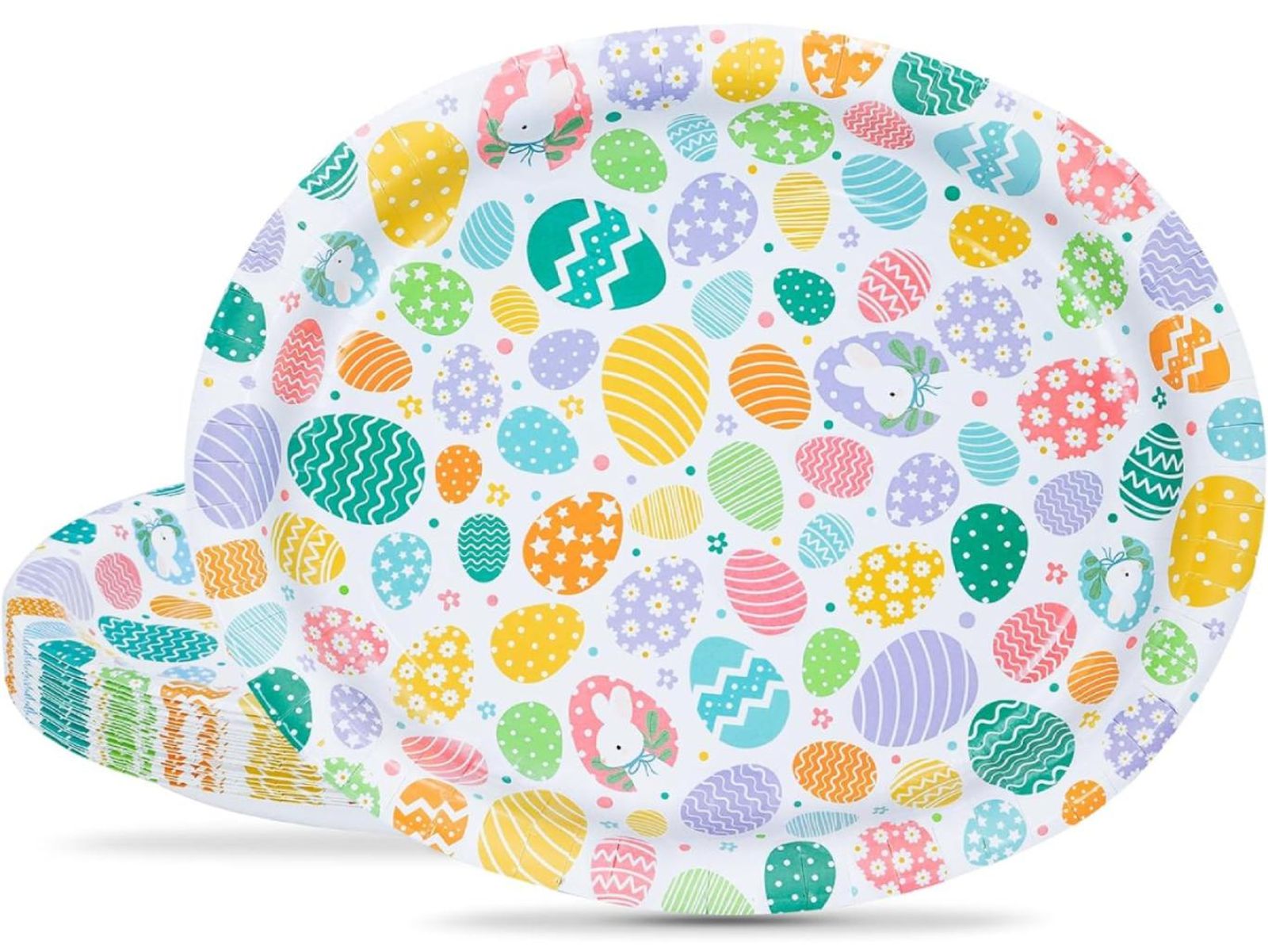 Vajilla de papel con estampado de huevos de Pascua.