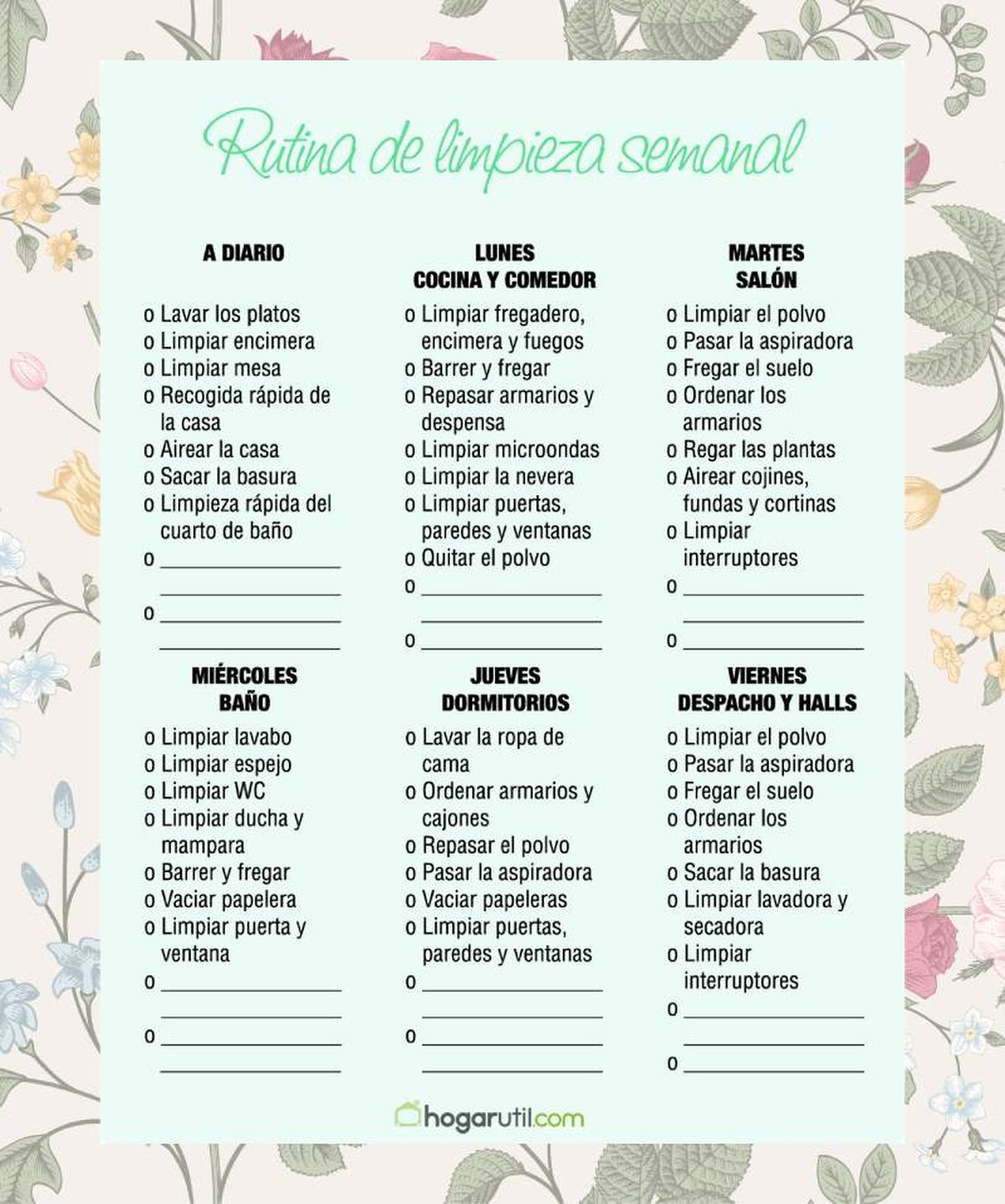 Plantilla de limpieza semanal completa en color verde / Hogarmania