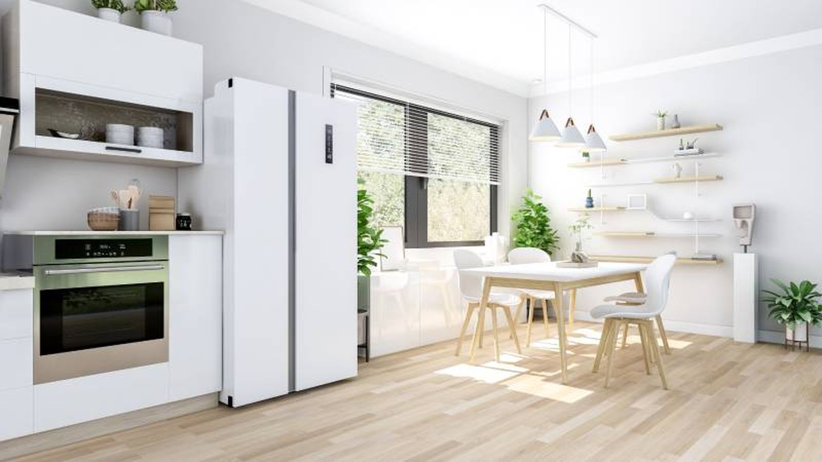 Cocina minimalista abierta al comedor.
