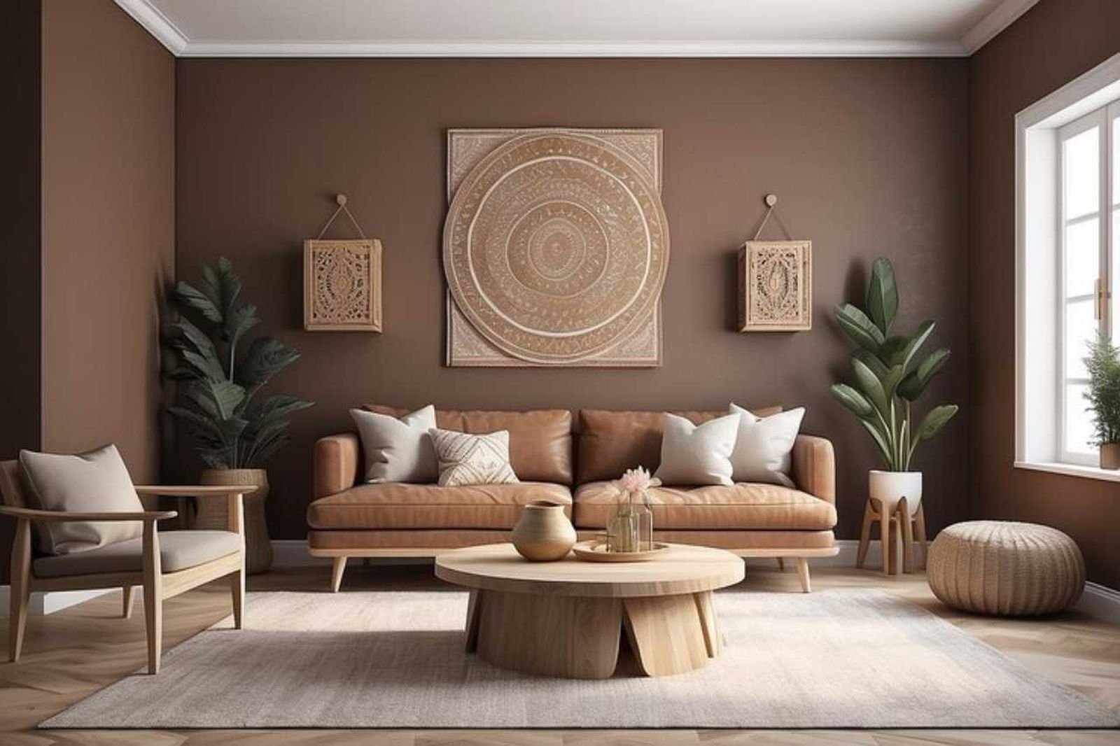 Salón acogedor decorado en color Mocha Mousse.