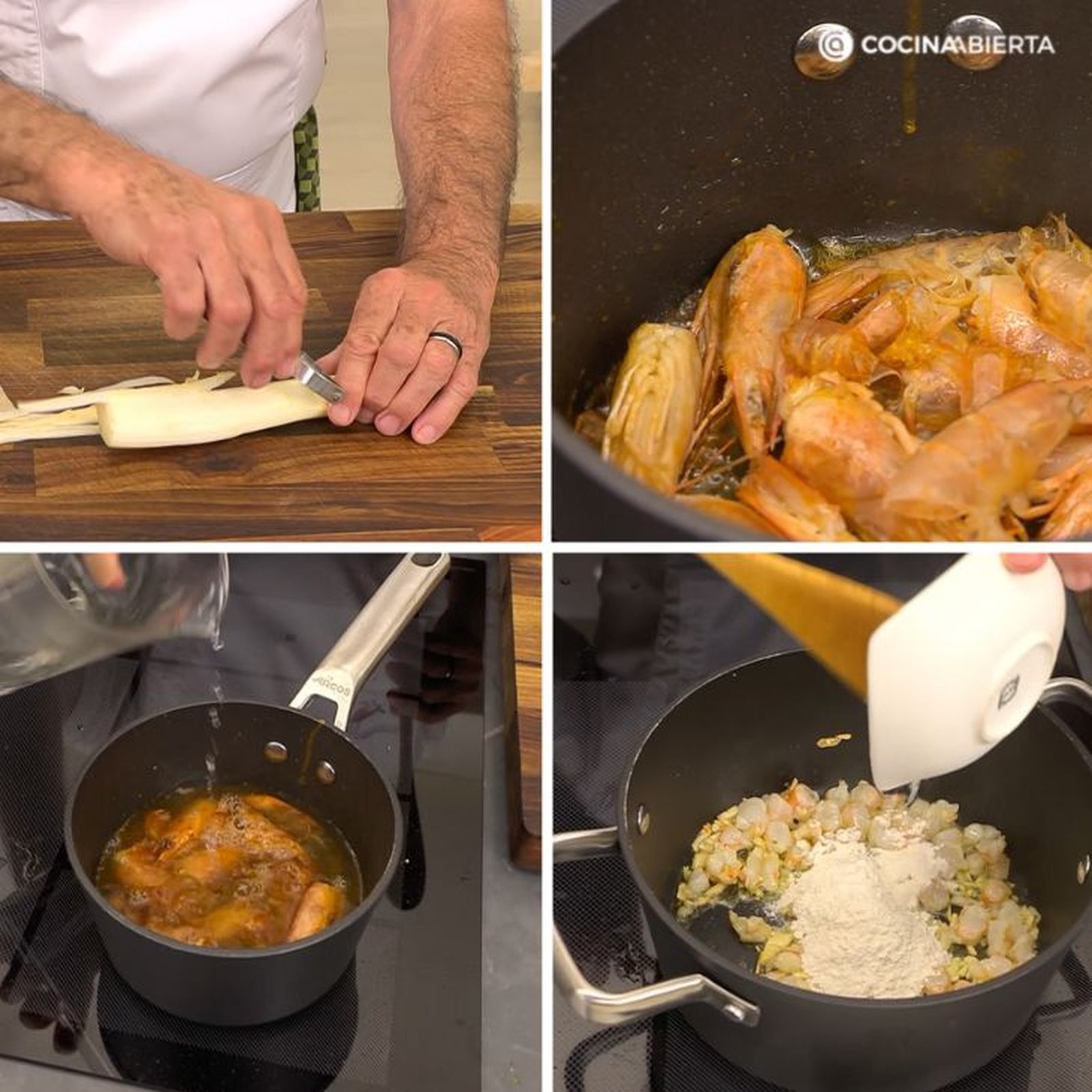 Preparación de espárragos blancos con langostinos y espinacas