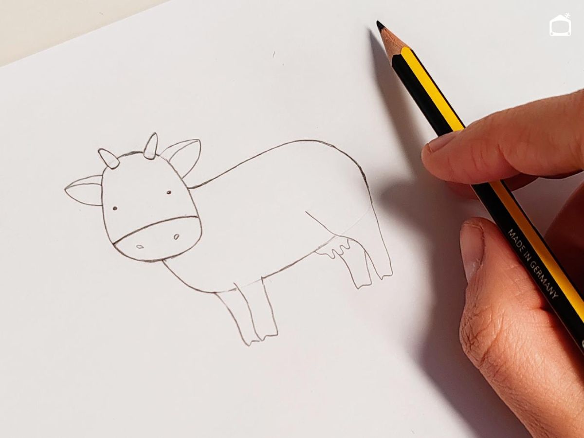 Paso cuatro para dibujar una vaca en estilo infantil.