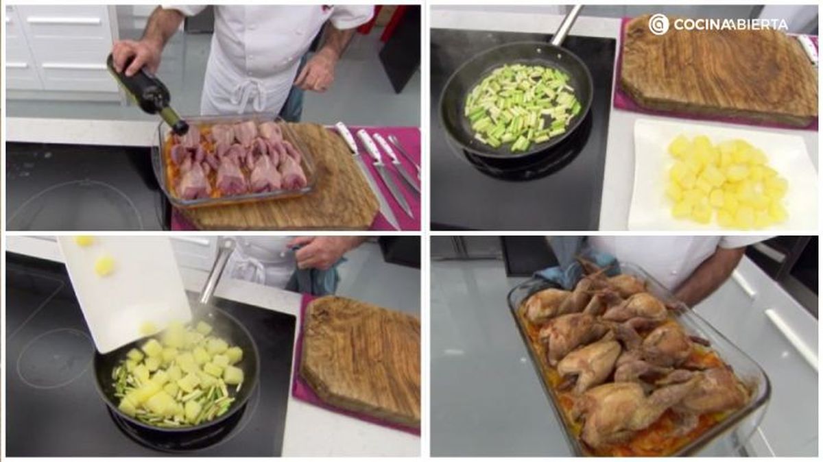 Karlos Arguiñano nos muestra los pasos para hacer las patatas al ajillo y asar las codornices