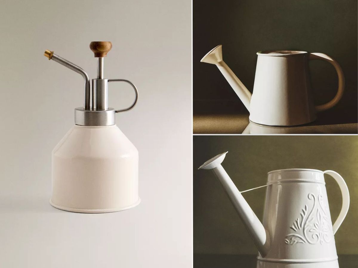 De izq. a drch.: Pulverizador metálico, regadera de metal lacado y Regadera de metal lacado con relieve. / Fotos: Zara Home
