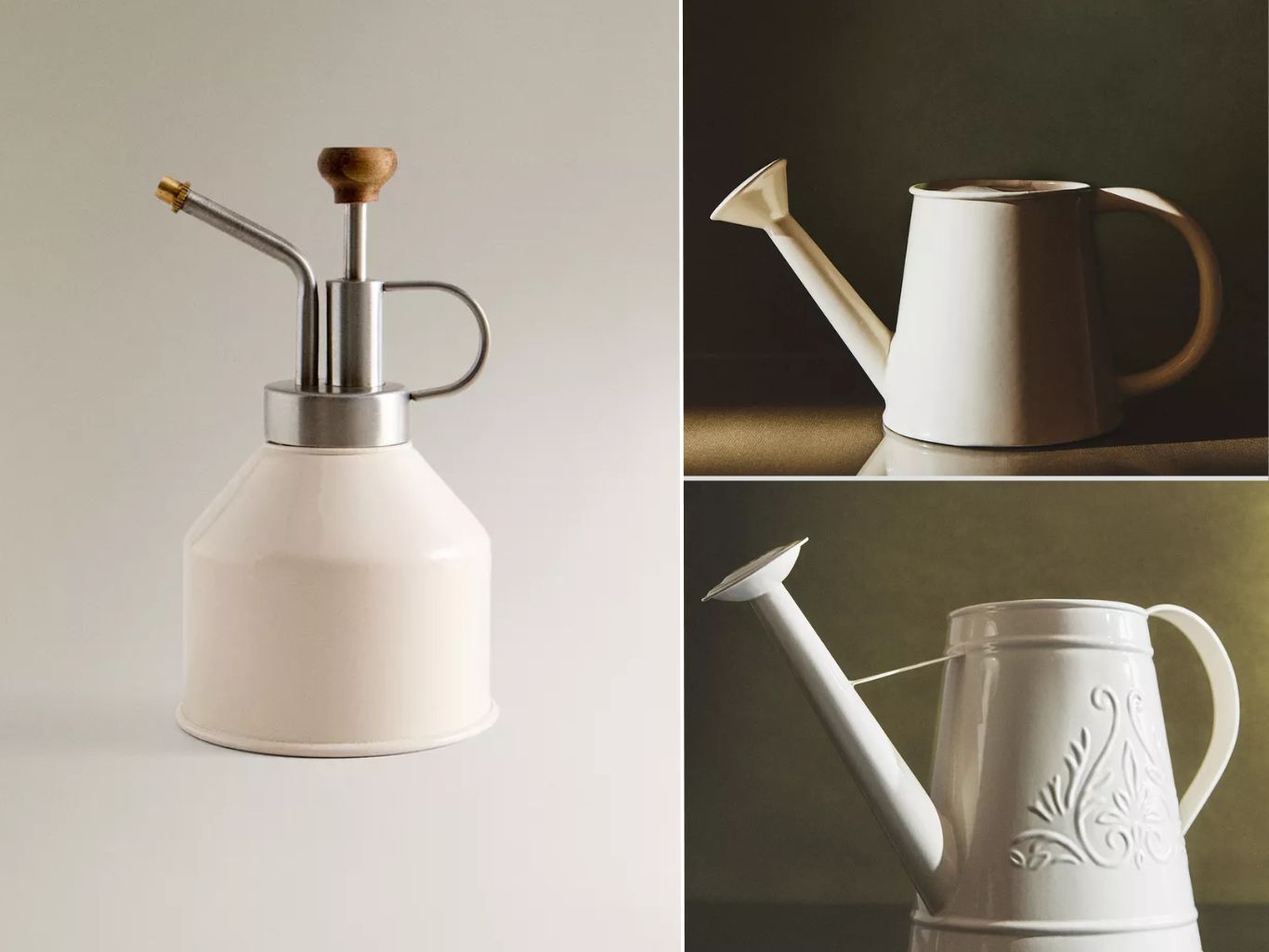 De izq. a drch.: Pulverizador metálico, regadera de metal lacado y Regadera de metal lacado con relieve. / Fotos: Zara Home