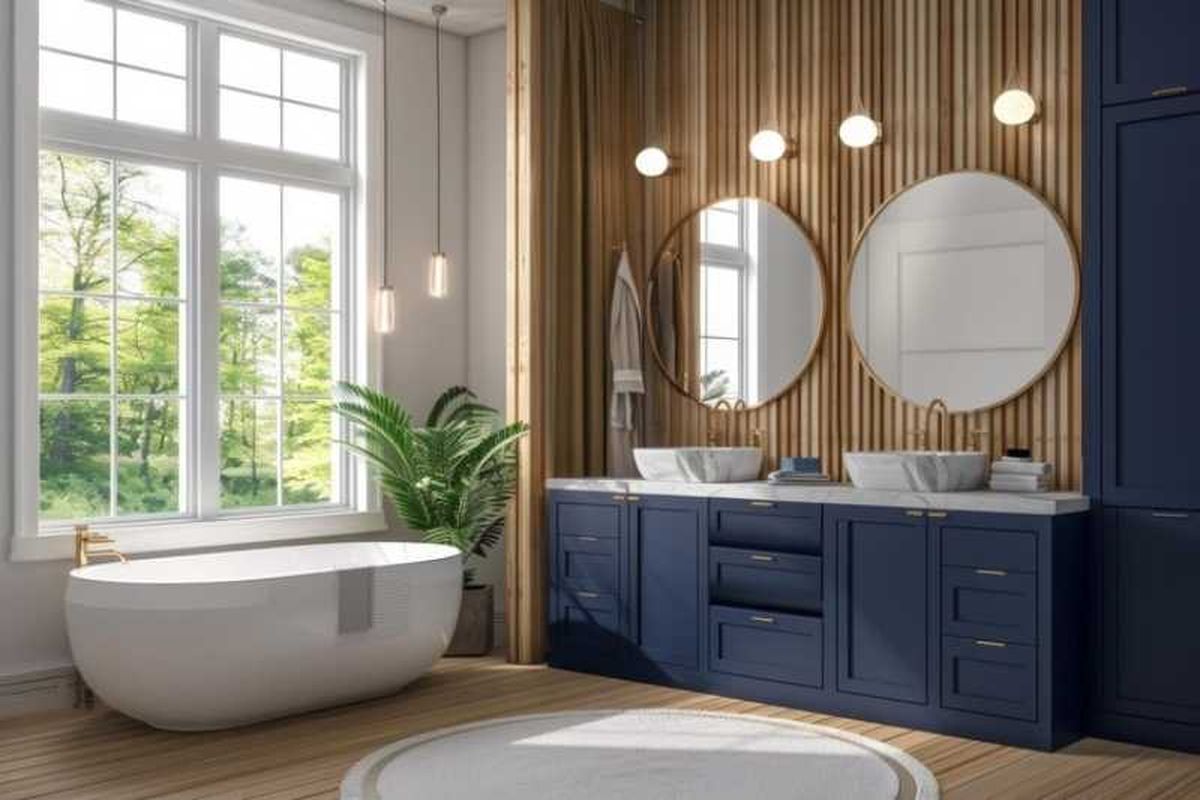 Baño elegante con mueble azul y suelo y paredes de madera.