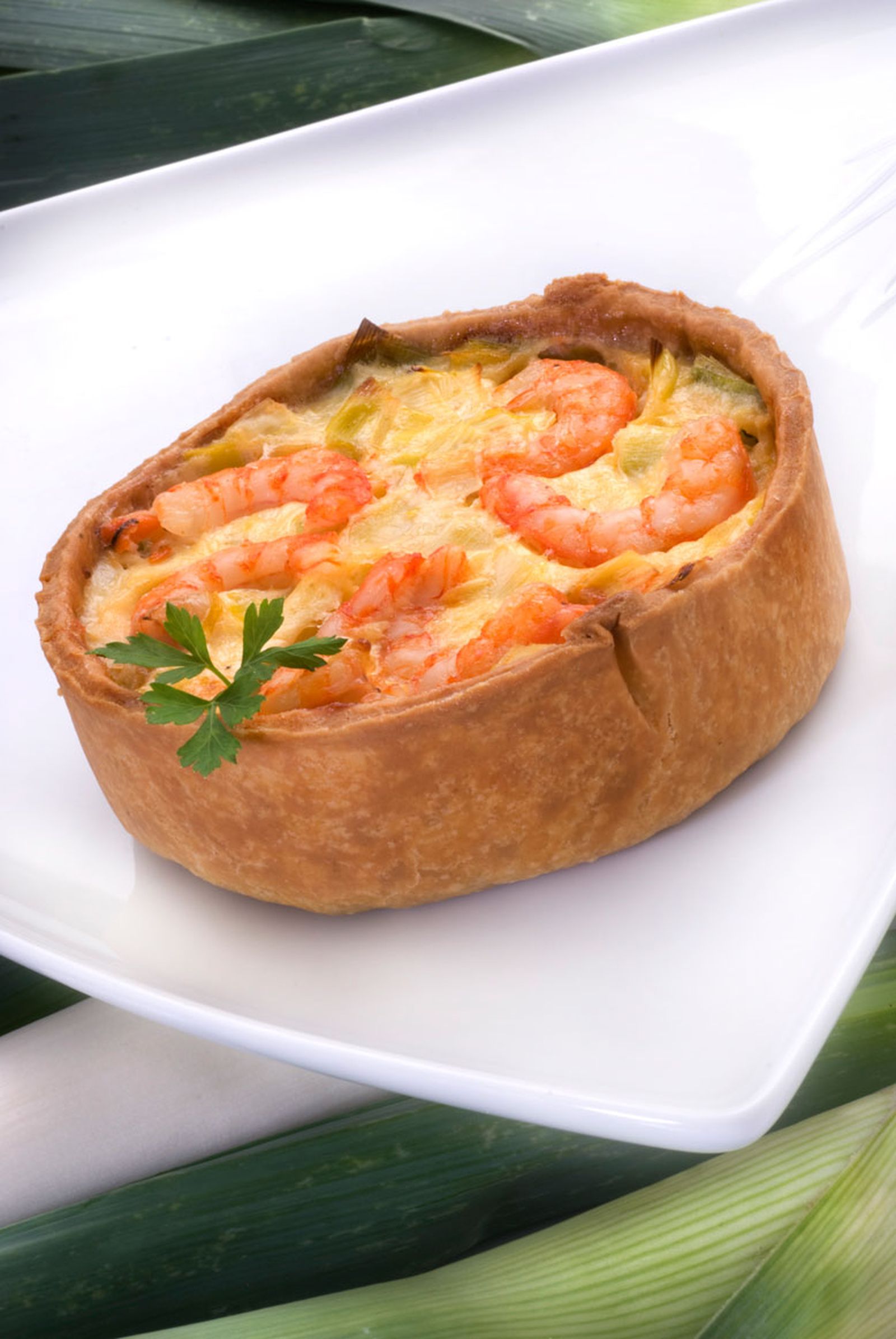 Quiche de puerros y gambas