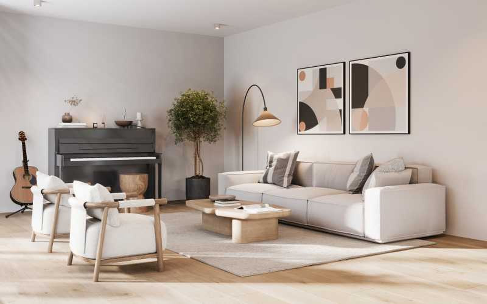 Salón decorado con beige para tener más luz.