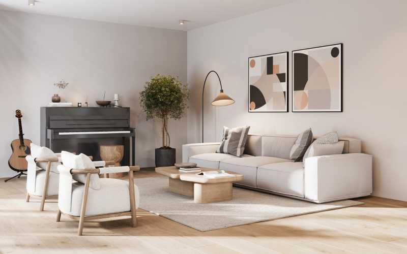 Salón decorado con beige para tener más luz.
