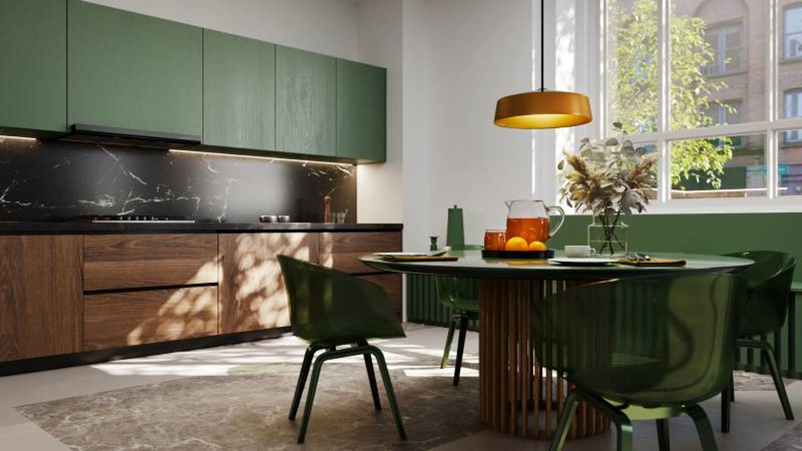Cocina decorada en verde hoja y madera.