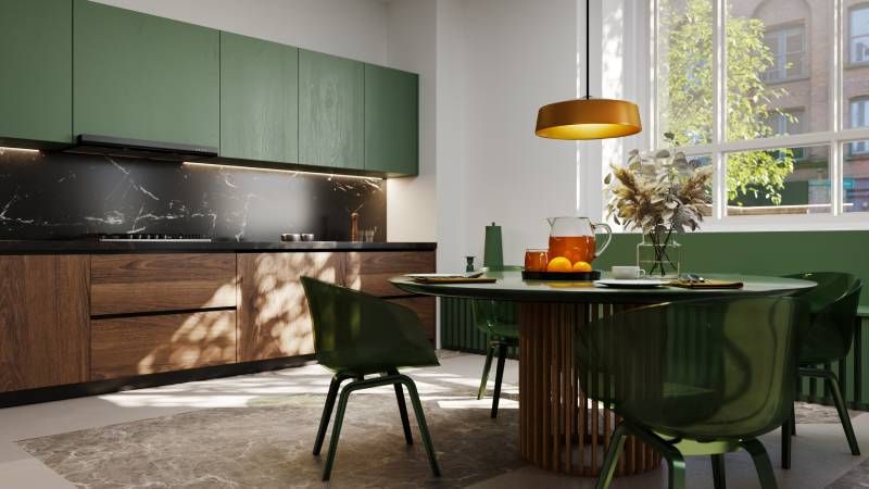 Cocina decorada en verde hoja y madera.