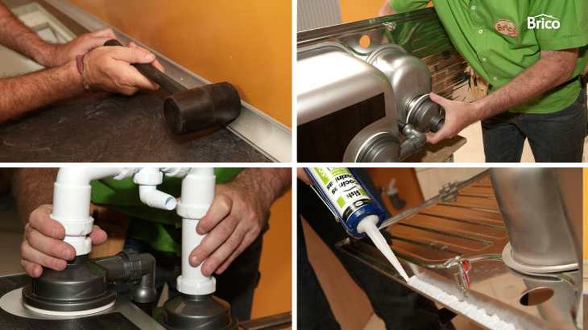 Montar el desagüe y pegar el fregadero